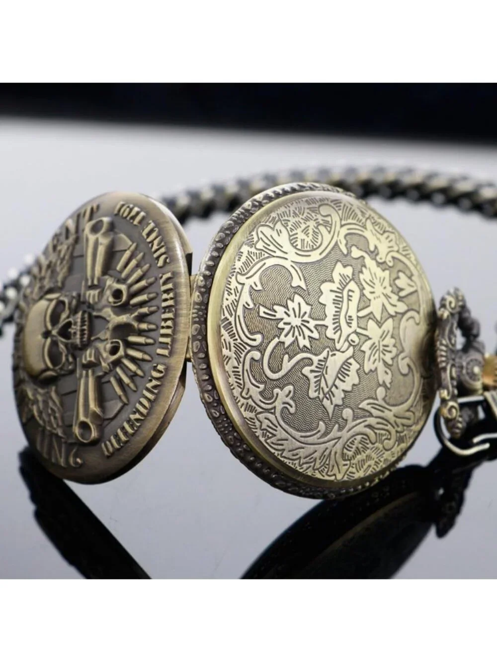 Men's Brown Analog Quartz Arabic Numerals Engraved Skull Vintage Pocket Watch